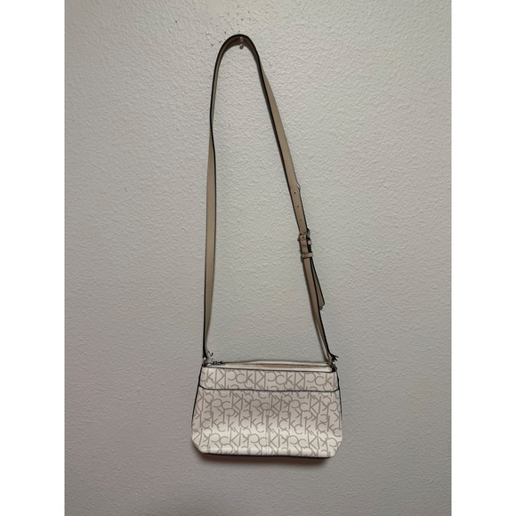 Calvin Klein Handbags - Calvin Klein Monogram Crossbody Bag Cream Tan Padlock Detail Zip Top Mens Womens